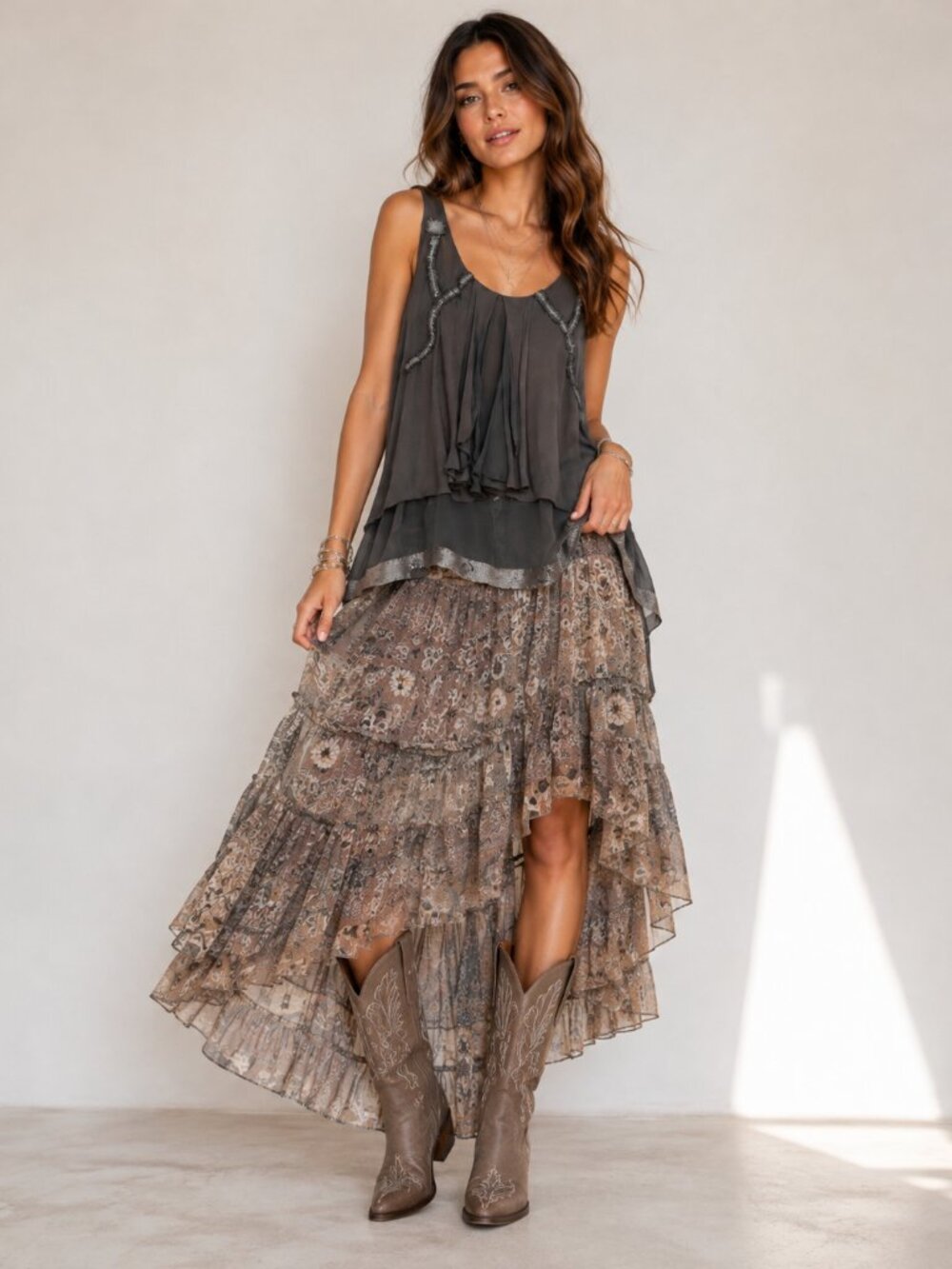Saivana Grey Silk Beaded Y2K Tiered Sleeveless Blouse Womens S Sheer Silver Top